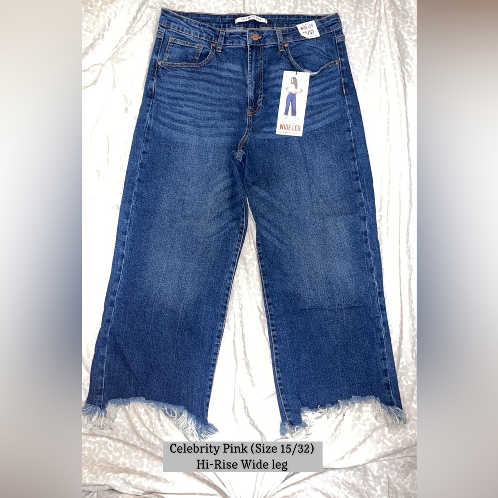 CELEBRITY PINK HIGH RISE WIDE LEG CROP DISTRESSED NWT